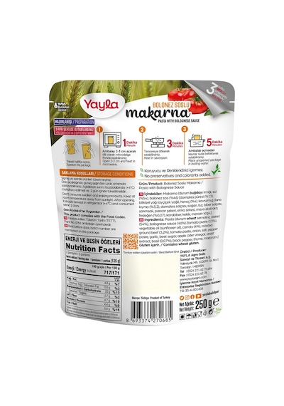 Yayla Yemek Hazır Bolonez Soslu Makarna 250 G