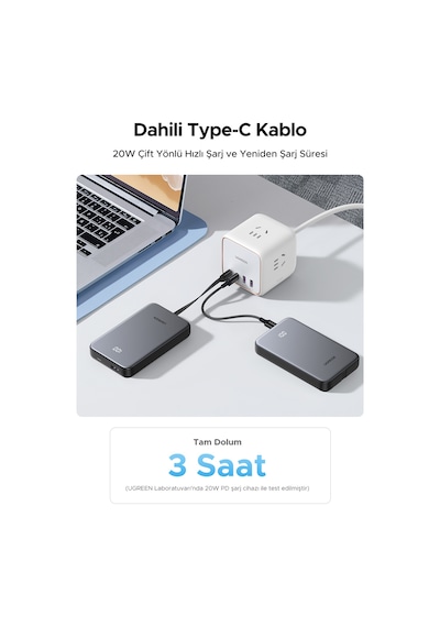 Ugreen Zapix 10.000 Mah 20w Dahili Usb-c Kablolu Hızlı Şarj Powerbank, 75161b Gri