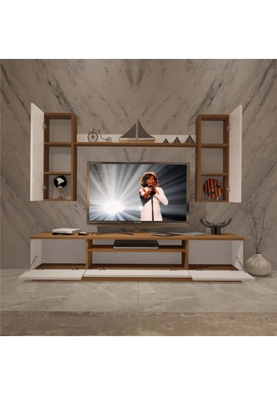 Decoraktiv Trio 5d Mdf Tv Ünitesi Tv Sehpası - Ceviz Beyaz Ahşap - Beyaz