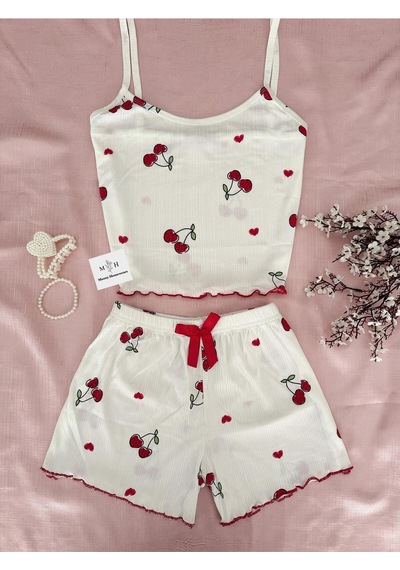 Mh Moony Homewears 2'li Fitilli Kirazlım Şortlu Yazlık Pijama Takımı Kırmızı Bordo