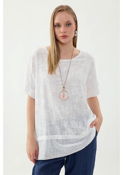 Vitrin %100 Keten Çiçekli Oversize Bluz BEYAZ