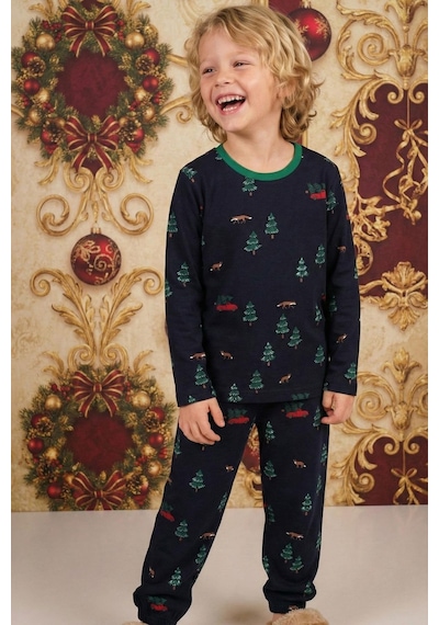 Breeze Erkek Çocuk Pijama Takımı Yılbaşı Temalı Çam Ağacı Desenli 4-8 Yaş, Lacivert Lacivert