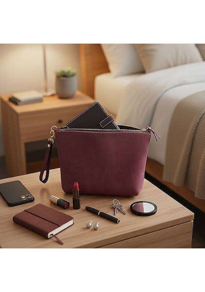 Hakiki Deri El Yapımı Bordo Clutch Çanta Yumuşak Deri Günlük Kadın Çantası Bileklik Askılı
