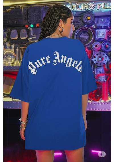 Oversize Pure Angels Baskılı T-shirt Saks Mavisi