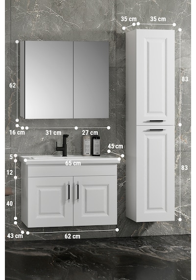 Salkım 65+35 Cm Beyaz Balon Mdf Seramik Lavabolu Asma Banyo Dolabı Takımı