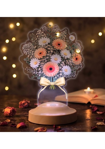 Beyaz Papatya Gerbera Şık Çiçek Buketi Led Lamba - Papatya Aranjmanı Tasarımlı Anneye, Sevgiliye, Öğretmene Ve Arkadaşa Anlamlı Hediye Papatya Gerbera Lamba