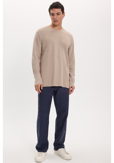 Tudors Unisex Relax Fit Rahat Kesim %100 Pamuk Uzun Kollu Bisiklet Yaka Haki Tişört-51287