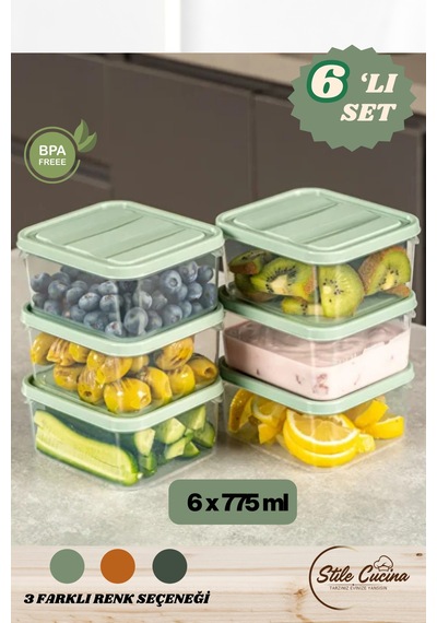 6'lı Buzdolabı Düzenleyici Organizeri Mikrodalgaya Uygun Difriz Saklama Kabı 6x775ml Mint Yeşil