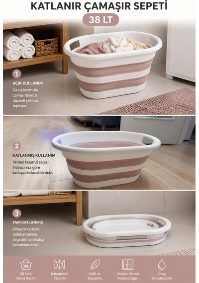 Katlanır Silikon Çamaşır Sepeti Pembe Beyaz 38 Lt Pembe - 901092289 Pembe