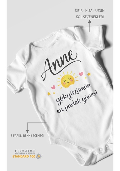 Morivokids Anne, Gökyüzümün En Parlak Güneşi Kısa Kollu Bebek Body Beyaz
