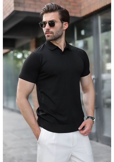 Madmext Siyah Regular Fit Polo Yaka Triko Erkek Tişört E7502