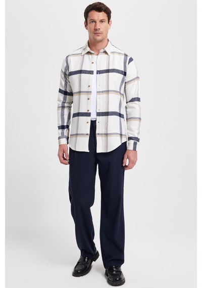 Tudors Erkek Slim Fit Dar Kesim Kareli Kışlık Oduncu Gömlek-42376 Ekru