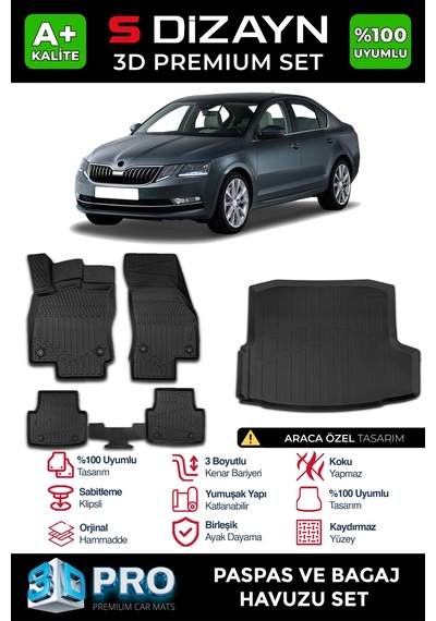 S-dizayn Skoda Octavia 3d Pro Havuzlu Paspas Ve Bagaj Havuzu Seti 2'li Set 2013-2017 A+ Kalite