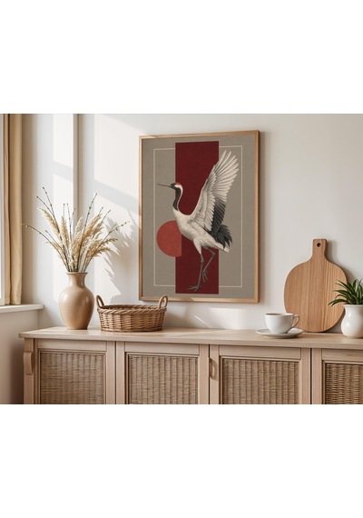 Japon Turnası Sanat Baskısı Kırmızı Ve Beyaz Asya Dekoru Minimalist Vahşi Yaşam Posteri
