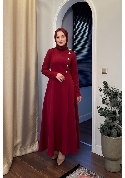 Neşeli Butik Kadın Düğme Detaylı Tesettür Elbise Nms037 Kırmızı