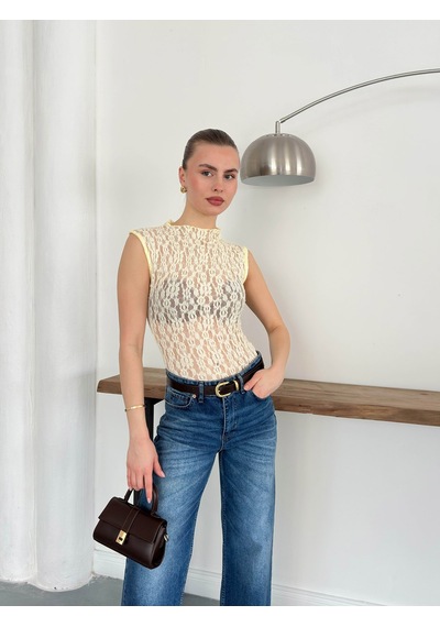 Verymoda Sıfır Kol Dantel Bluz D2750 Sari
