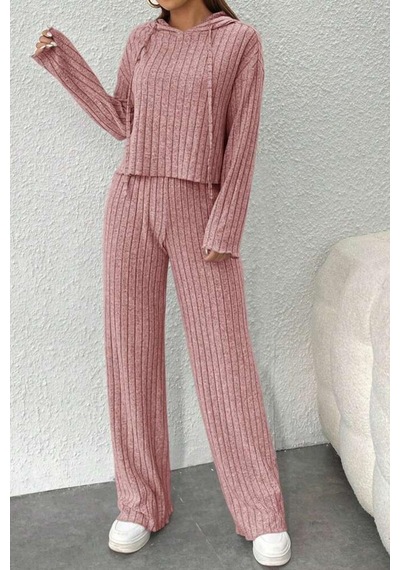 Bella Notte Siyah Fitilli Kapüşonlu Pamuklu Yumuşak Pijama Takımı Pembe