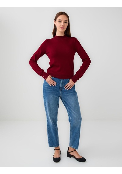 Jimmy Key Bordo Balıkçı Yaka Uzun Kollu Düğme Detaylı Triko Kazak 5ww134588562