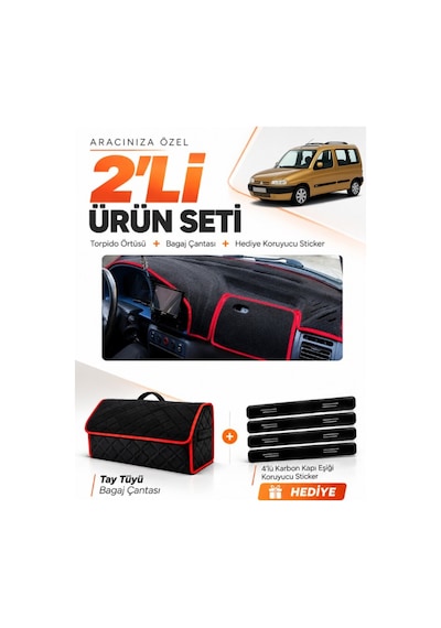 Cıtroen Berlingo M49 1996-2001 Uyumlu Torpido Örtüsü + Tay Tüyü Bagaj Çantası Seti - Siyah Kırmızı