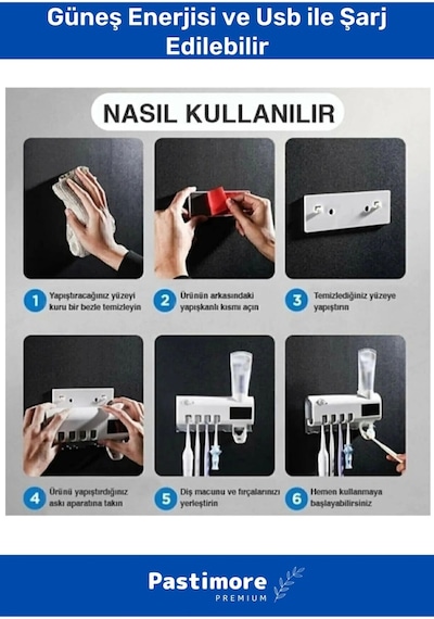 Pratik Usb Şarjlı ve Güneş Enerjili Otomatik Diş Macunu Sıkacağı 4 Adet Diş Fırçalığı Tutucu Diğer