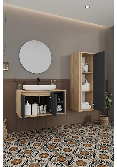 Gül 80 Cm %100 Mdf Lavabolu Banyo Dolabı Ayna Alt Dolap Lavabo Boy Dolabı Antrasit