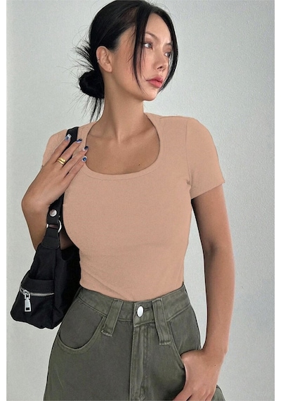 Rooted Kadın Kare Yaka T-shirt & Bluz , Likralı Fitilli Kaşkorse Kumaş Bej