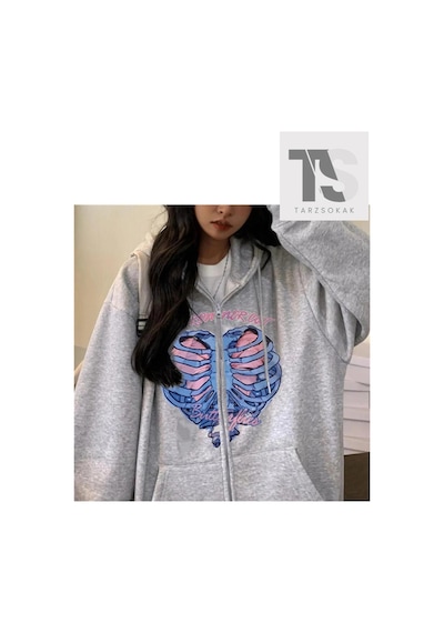 Tarzsokak İskelet Kalp Sweatshirt Fermuarlı Hırka Gri
