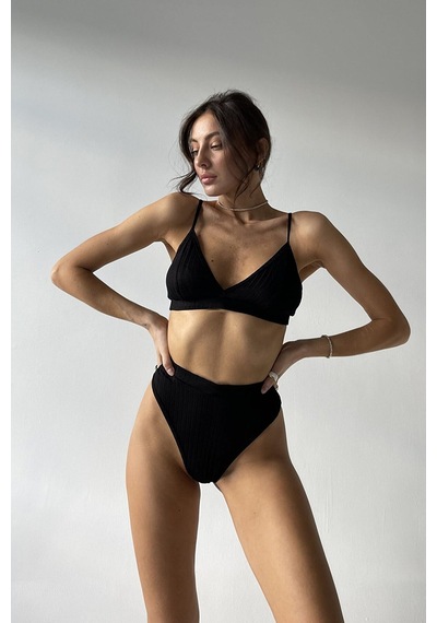 Ang Butik Kadın Siyah Yüksek Bel Dolgusuz Slip Takım