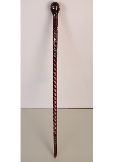 Ahşap Baston Kt-02 Topuz Başlı Gürgen Oyma, Pirinç Tel İşlemeli Baston