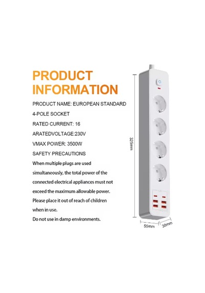 Termal Akım Korumalı 4'lü Priz 4x Usb 2x Type-c Çıkışlı Grup Priz Çoğaltıcı 3500w 2 M