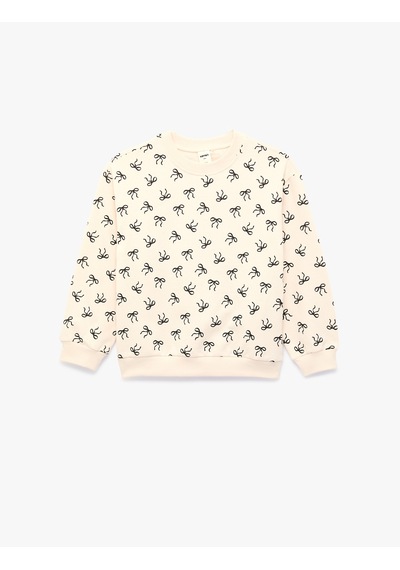 Koton Pamuklu Uzun Kollu Bisiklet Yaka Baskılı Şardonlu Fiyonklu Sweatshirt Bej Desenli 7wmg10029ak Ekru