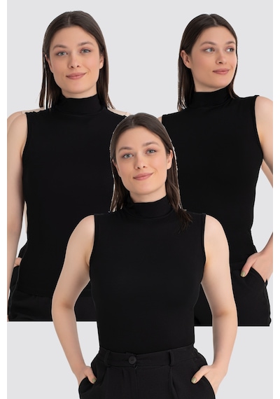 Arma Yıldız Kadın Siyah Balıkçı Yaka Kolsuz Body 3'lü Paket Siyah