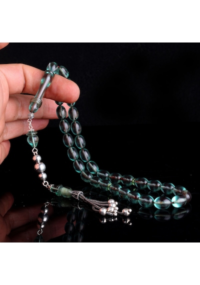 925 Ayar Gümüş Püsküllü Su Yeşili Ateş Kehribar Tesbih