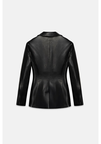 Thalure Kadın Siyah Bele Oturan Deri Blazer Ceket