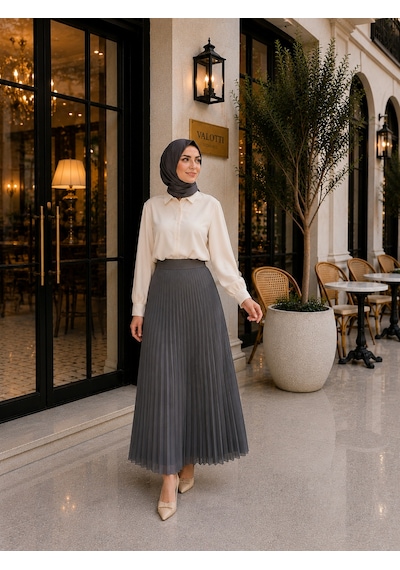 Esra Butik78 Lamine Denye Piliseli Etek 90 Cm Standart Beden 38-44 Uyumlu Gri