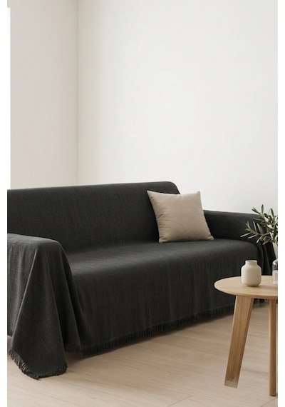 İskandinav Dokulu Pamuklu Saçaklı Koltuk Örtüsü Ve Koltuk Şalı Kaymaz Terletmez 180x300 Cm Antrasit