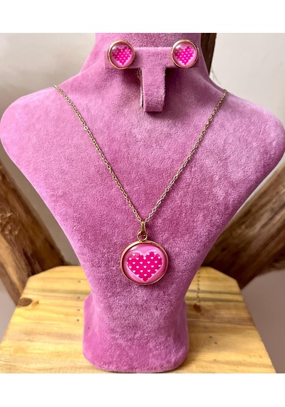 316l Çelik Pembe Kalp Figürlü Kolye Küpe Hediyelik Set