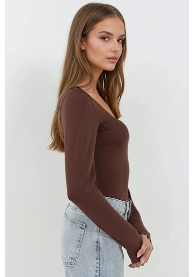 Hiccup Slim Fit Kare Yaka Esnek Üst Koyu Mocha Kahve