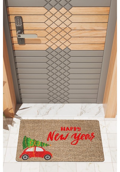 Rugmood Modern Dijtal Baskı Yılbaşı Ağaçlı Kırmızı Araba New Year Kapı Önü Paspası Çok Renkli