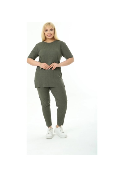 Modasehle Kadın Kısa Kollu Beli Lastikli Yırtmaçlı Rahat Kalıp İkili Pijama Takım Haki