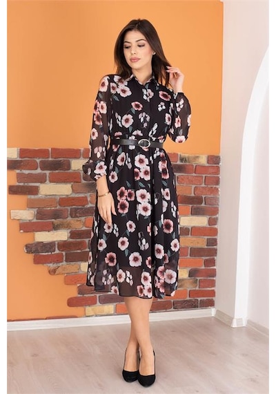 Neşeli Butik Kadın Gömlek Yaka Kemerli Çiçek Desenli Şifon Elbise Ry0031 Mor
