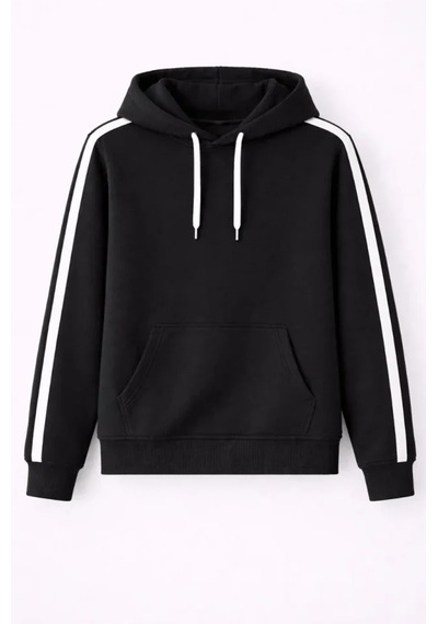 Modi Erkek Şeritli Kapüşonlu Sweatshirt Oversize 3 Iplik Pamuklu - Siyah Açık Siyah