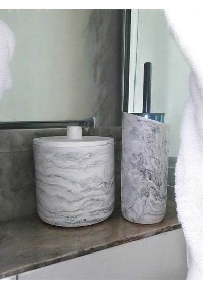 Mermer Desenli Beton Çöp Kovası Ve Wc Fırçalık Seti,dekorsayon,aksesuar Gri