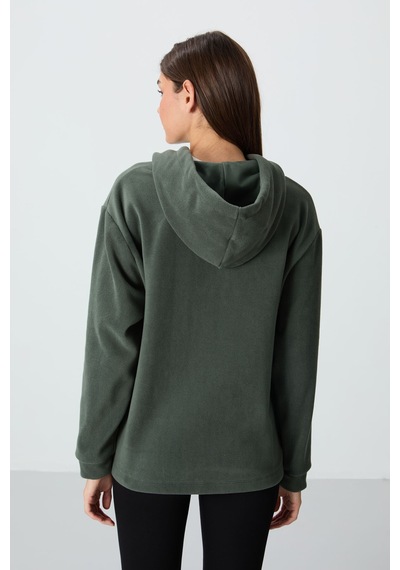 Tommy Life Haki Kalın Yumuşak Dokulu Kapüşonlu Oversize Nakışlı Polar Kadın Sweatshirt - 97292 Haki