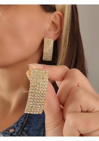 Dikdörtgen Model Abiye Altın Kaplama Gold Küpe Gold