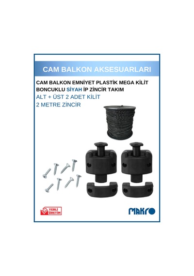 Cam Balkon Kilidi Emniyet Plastik Mega Kilit Boncuklu Siyah Ip Zincir Takım Seti