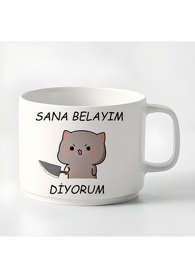 Double Türk Kahvesi Fincanı & Espresso Sana Belayım Diyorum Mochi Cat Baskılı Kupa 180 Ml Beyaz
