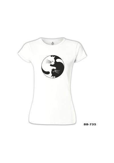 Yin Yang - Kedi Beyaz Kadın Tshirt 001