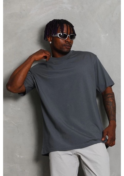 Erkek Düz Yazlık Kısa Kol Tişört Bisiklet Yaka Oversize T-shirt - Füme