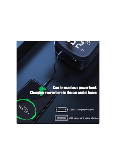 Dijital Kablosuz Şarjlı Hava Kompresörü, Taşınabilir Araç Lastik Bisiklet Top Şişirme Pompası, Lcd Ekranlı Mini Kompresör, Powerbank Özellikli Otomatik Basınç Ayarlı Hava Pompası